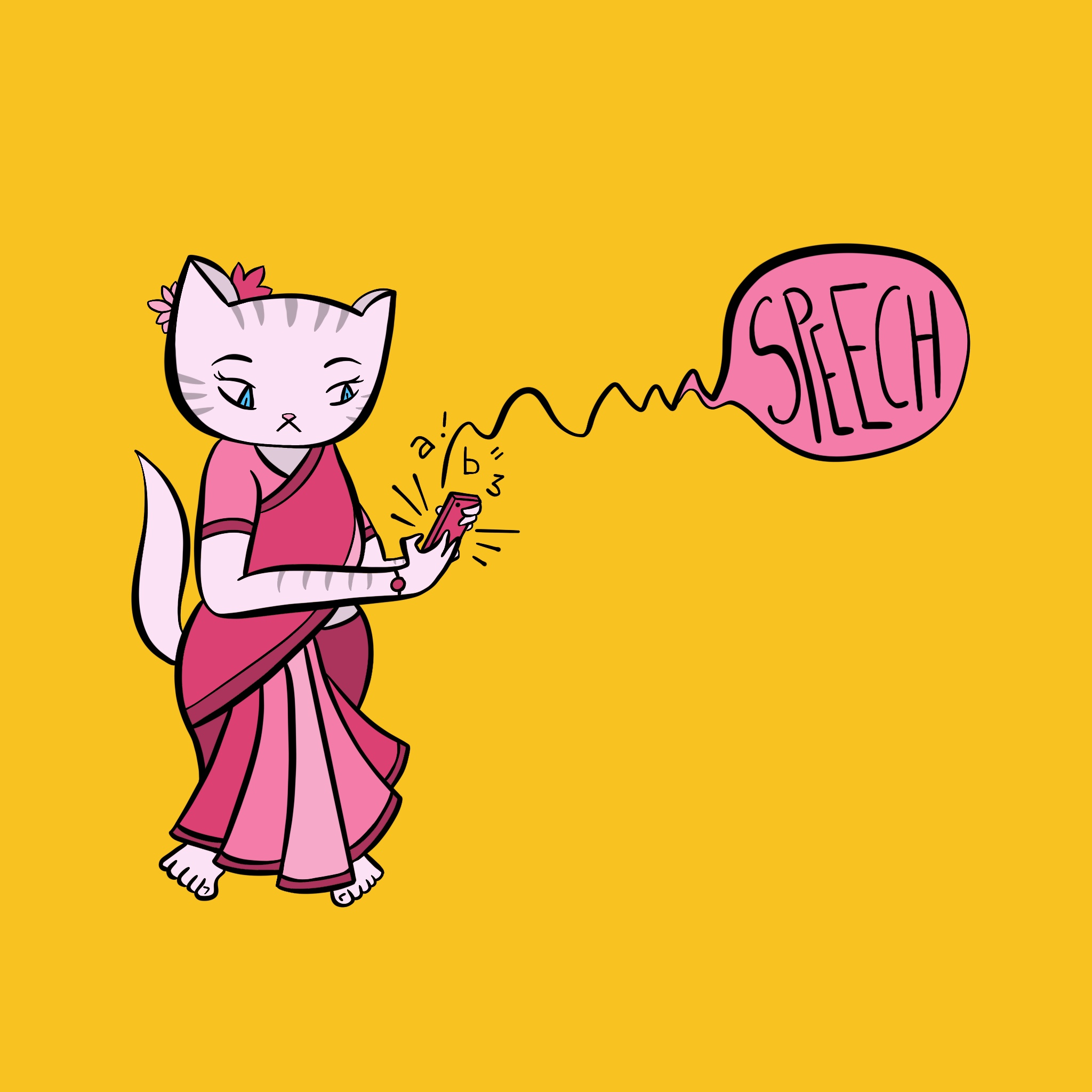 Cat shown as a woman in a saree using the text to speech function on a mobile phone.
