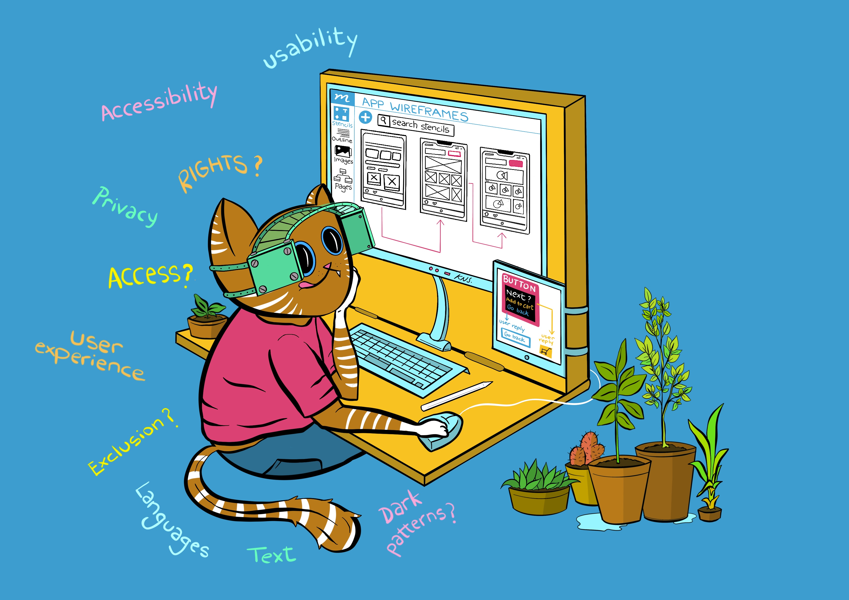 A cat shown as a person is sitting in front of a computer designing web applications. The cat is wearing blinders and is unable to see the words ‘usability’, ‘accessibility’, ‘rights’, ‘privacy?’, ‘access?’, ‘user experience’, ‘exclusion?’, ‘languages’, ‘text’, ‘dark patterns?’ floating around.